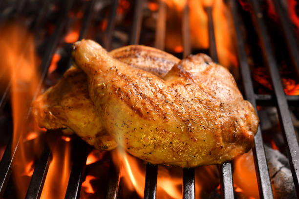 istock Grilled chicken thighs on the flaming grill 1320879768