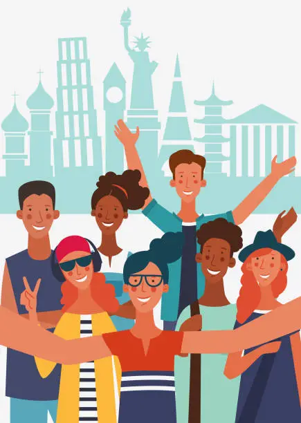 Vector illustration of Group of young people taking a selfie and laughing. Friendship, Communication, Teamwork and connection illustration. Travel, vacation, holidays and adventure vector concept