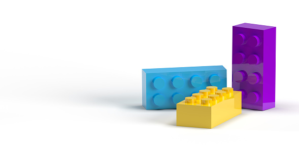 3D rendered, yellow, blue and purple color, plastic material, toy blocks on white background with large copy space.