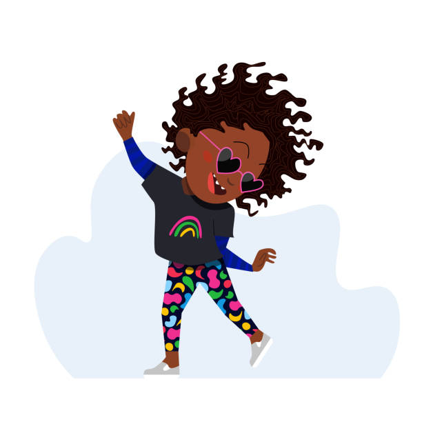 ハッピーダンス黒女の子ベクトルキャラクター。 - playground cute baby blue点のイラスト素材／クリップアート素材／マンガ素材／アイコン素材