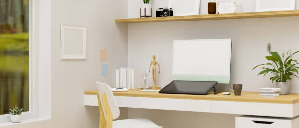 istock Home office room in terror design with computer, drawing tablet, decorations and wooden furniture, 3D rendering 1320881592
