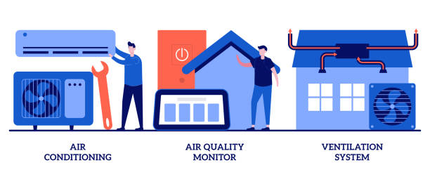 Air conditioning, air quality monitor, ventilation system concept with tiny people. Indoor weather and climate control technology vector illustration set. Cooling and heating appliance metaphor. Air conditioning, air quality monitor, ventilation system concept with tiny people. Indoor weather and climate control technology vector illustration set. Cooling and heating appliance metaphor. air quality stock illustrations