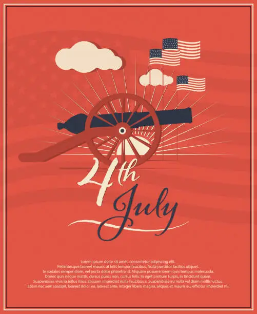 Vector illustration of 4th of July, US Independence Day Holiday Poster with cannon, federation flags and sun on the background.