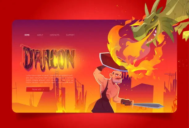 Vector illustration of Dragon attack knight cartoon landing page, fantasy