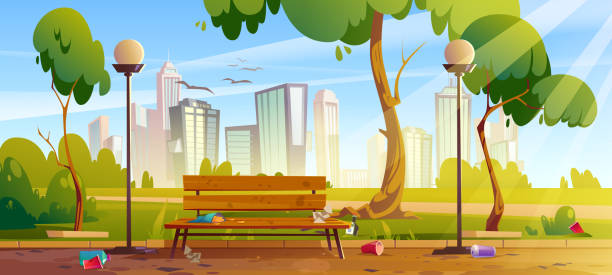 schmutziger stadtpark mit müll, bank und grünem baum - dirty bench empty park stock-grafiken, -clipart, -cartoons und -symbole