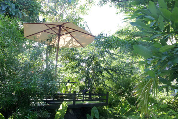 istock Balcony with sunshade umbrella in a sunny garden 1320887212