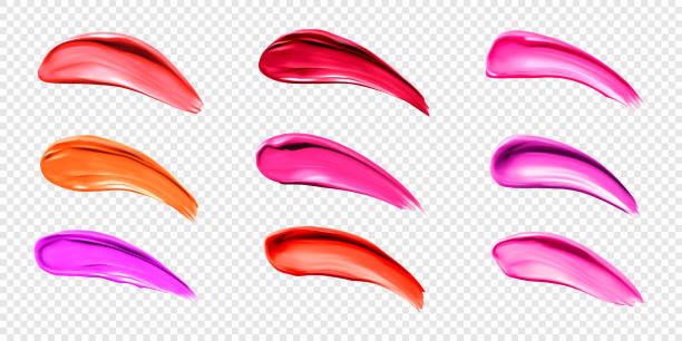 stockillustraties, clipart, cartoons en iconen met lippenstift uitstrijkjes, stalen van vloeibare lipgloss - menselijke-lippen