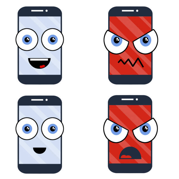 istock Set of Mobile phone with sad, crazy and happy face on screen. Broken smartphone. Problem with technique.Cute funny Cartoon flat illustration 1320888753