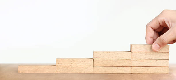 istock Hand arranging wood block stacking as step stair, Business concept growth success process 1320890409