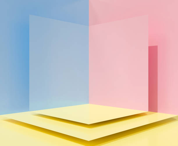 istock Cute 3d rendering for blank stage podium stand, pedestal winner, display product in studio. Corner wall background scene on pastel color. Yellow pink blue abstract. Interior creative ideas minimalism. 1320890416