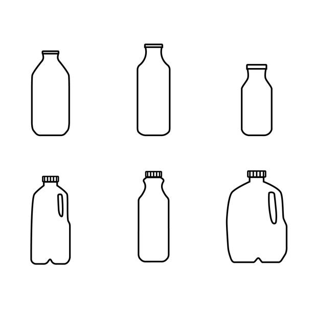 ikona wektorowy zestaw ilustracji mleka, kefir w różnych plastikowych opakowaniach i butelek. odizolowane na białym tle. - milk milk bottle bottle glass stock illustrations