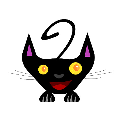 Ilustración de Alegre Personaje De Dibujos Animados Gato Negro Con Ojos  Naranjas Brillantes Y Cola Arremolinada Riendo En Concepto De Fondo Blanco  De Mascotas Y Lindo y más Vectores Libres de Derechos