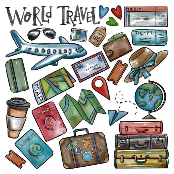 istock Hand drawing watercolor world traveling summer vacation set. Use for card, poster, postcard, background, print, textile, brochure. 1320894161