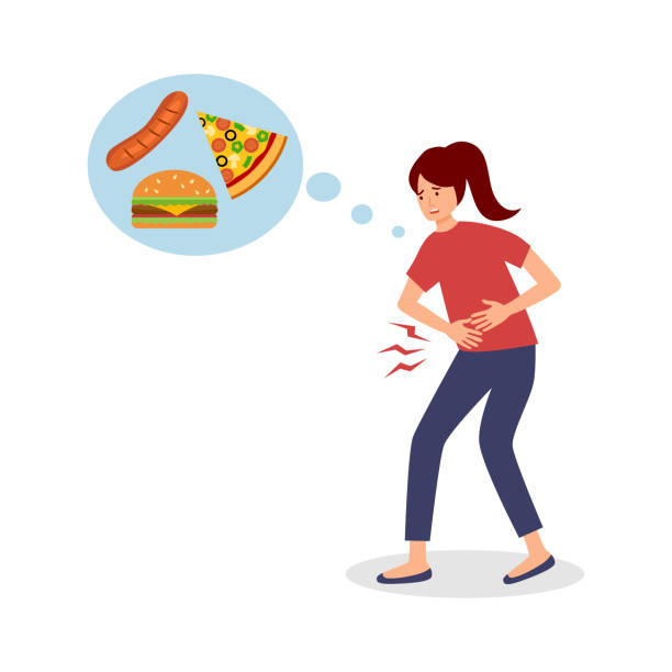 Young woman feels hungry and thinking about food in flat design on white background. Female suffering from stomachache and want eating food. Young woman feels hungry and thinking about food in flat design on white background. Female suffering from stomachache and want eating food. hungry stock illustrations
