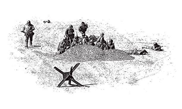 ilustraciones, imágenes clip art, dibujos animados e iconos de stock de soldados de la segunda guerra mundial invadiendo la playa de omaha el día d - allied forces illustrations