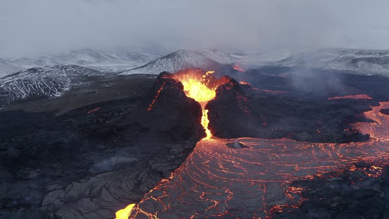 Flying Above lava eruption at Iceland volcano, Mount Fagradalsfjall, Iceland