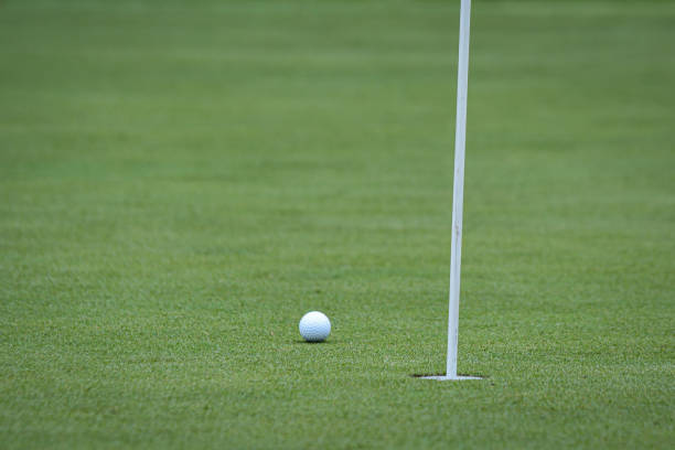 istock Golf ball near hole on putting green background 1320896373