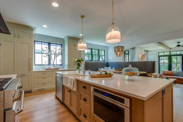 istock Kitchen island with natural wood 1320898417