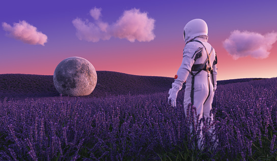astronaut exploration lavender planet 3d rendering