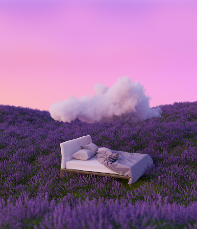 lavender bed cloud surreal art 3d rendering