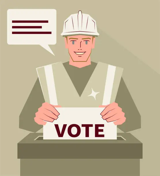 Vector illustration of Smiling blue-collar worker casting a vote into the ballot box at the polling place during elections