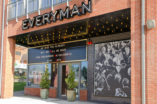 Wokingham, UK - February 28, 2021: Exterior of the Everyman Cinema in Wokingham, Berkshire.  During the Coronavirus lockdown, cinemas were closed.