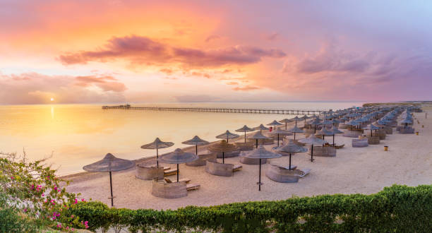 Landscape with beach at sunrise in Marsa Alam Landscape with three corners fayrouz beach resort at sunrise in Marsa Alam, Egypt egypt stock pictures, royalty-free photos & images