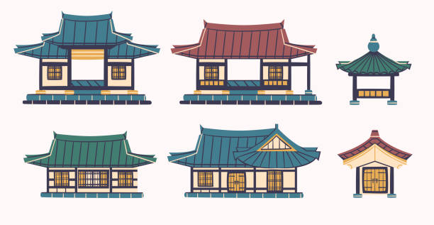 hanok azji budynku izolowane zestaw wektora. elementy tradycyjnej architektury koreańskiej. - świątynia obrazy stock illustrations