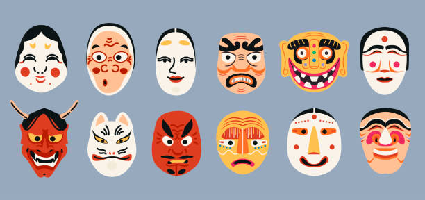 ilustraciones, imágenes clip art, dibujos animados e iconos de stock de colección de máscaras del teatro kabuki japonés. conjunto de elementos de máscara coreana antigua. traje étnico asiático aislado. - kabuki