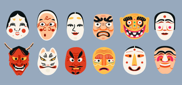 Japanese Kabuki Theater masks collection. Ancient Korean mask elements set. Ethnic Asian costume isolated. Different masquerade traditional souvenirs in cartoon design. hannya stock illustrations