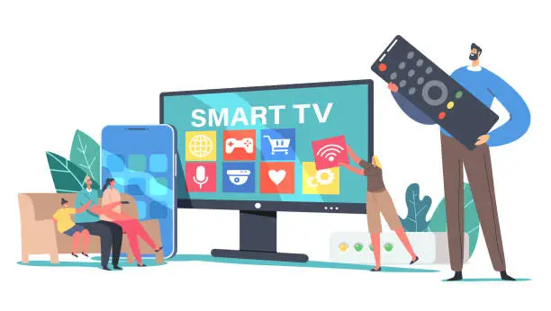 Vector illustration of Smart Tv Concept. Tiny Family Characters Sitting on Sofa at Home at Huge Television Set Watch Video with Remote Control