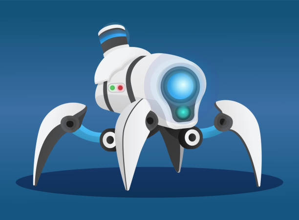 Futuristic robot toy spider with lamps and sensors, artificial intelligence, cybernetic science Futuristic robot toy spider or beetle at blue background. Artificial intelligence, innovative model. Realistic robot at four legs. Working android system, cybernetic science, electronic creature robot spider stock illustrations