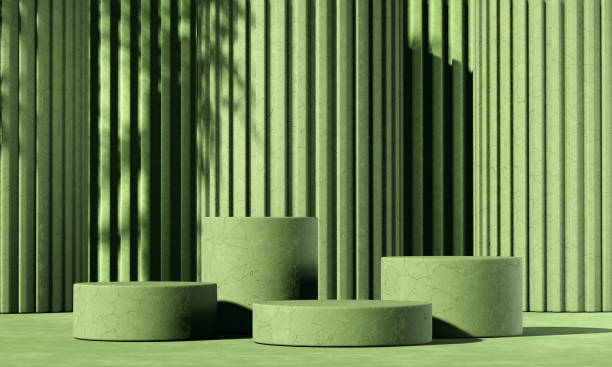 istock Minimal abstract background with 3D concrete podium display with green leaves 1320905777