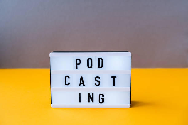 istock Lightbox with text podcasting in minimalistic isometric style. Trendy colors. Grey and yellow. New technologies. Millenial. Blogger, podcaster. Podcasting lettering 1320906364