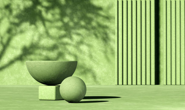 istock Minimal abstract background with 3D concrete podium display with green leaves 1320906403