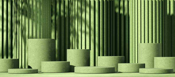 istock Minimal abstract background with 3D concrete podium display with green leaves 1320906434