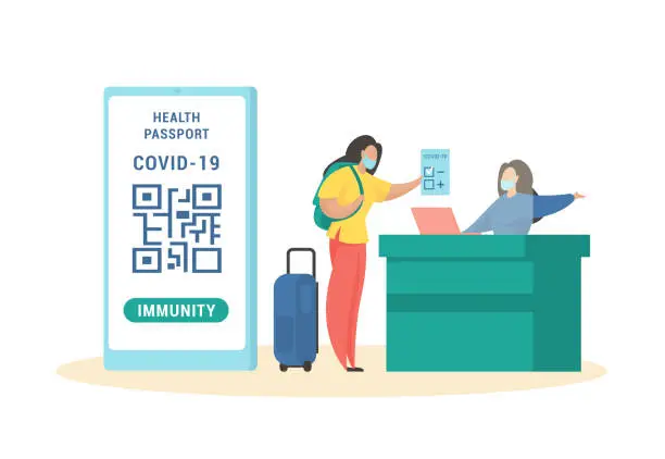 Vector illustration of Vaccination certificate in immune passport. Female character with luggage bag hands controller negative coronavirus test