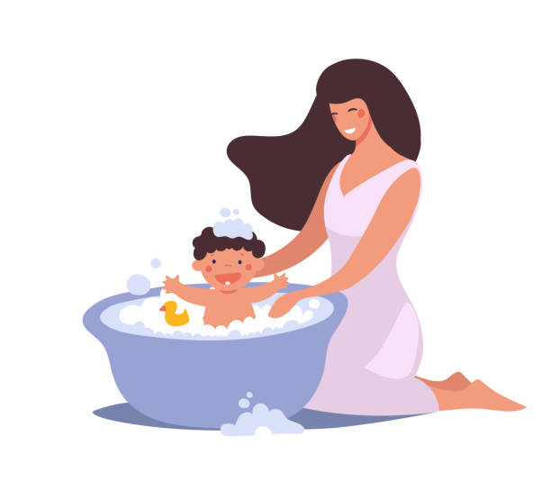 Mom washes the baby in the bathroom. The kid bathes and washes with foam, bubbles and duck. Flat cartoon vector illustration isolated on white background. Mom washes the baby in the bathroom. The kid bathes and washes with foam, bubbles and duck. Flat cartoon vector illustration isolated on white background bathroom clipart stock illustrations