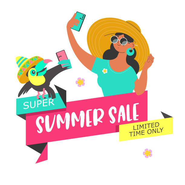 Summer sale. Vector poster, illustration. A girl and a toucan take a selfie. Summer sale. Vector poster, banner in flat cartoon style. A girl and a toucan in straw hats take a selfie. A bright summer illustration. toucan white background stock illustrations