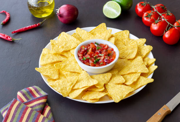 istock Corn chips nachos with salsa dip. Mexican food. Vegetarian food. 1320907975