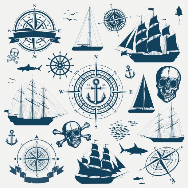 set von nautischen designobjekten, segelschiffen, yachten, kompassen - brigantine sailing ship old nautical vessel stock-grafiken, -clipart, -cartoons und -symbole