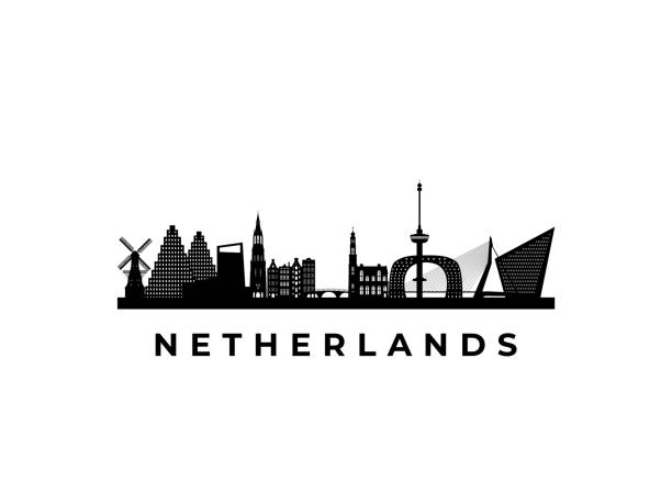 ベクターオランダのスカイライン。オランダの有名なランドマークを旅。プレゼンテーション、バナー、ウェブサイトのためのビジネスと観光の概念。 - amsterdam netherlands city skyline点のイラスト素材／クリップアート素材／マンガ素材／アイコン素材