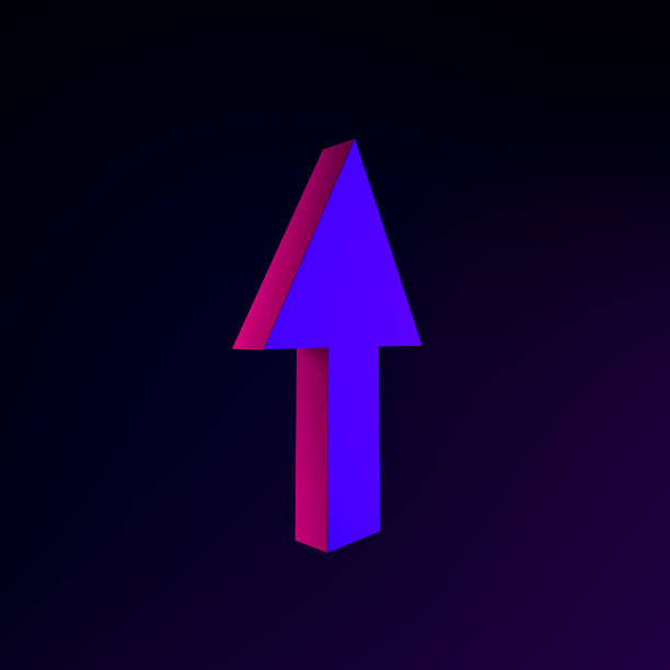 istock Up arrow neon icon. 3d rendering ui ux interface element. Dark glowing symbol. 1320911373