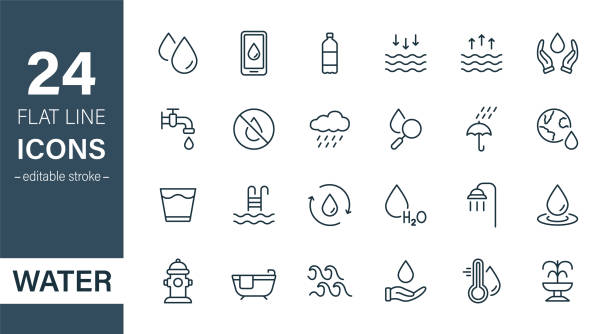 ilustrações de stock, clip art, desenhos animados e ícones de water line icon set. drop water thin linear icon. mineral water, low and high tide, shower, plastic bottle and glass outline pictogram. fire hydrant and fountain. editable stroke. vector illustration - water