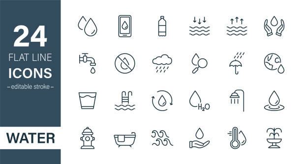 Water Line Icon Set. Drop Water Thin Linear Icon. Mineral Water, Low and High Tide, Shower, Plastic Bottle and Glass Outline Pictogram. Fire Hydrant and Fountain. Editable stroke. Vector illustration Water Line Icon Set. Drop Water Thin Linear Icon. Mineral Water, Low and High Tide, Shower, Plastic Bottle and Glass Outline Pictogram. Fire Hydrant and Fountain. Editable stroke. Vector illustration. pics of a hydrosphere stock illustrations