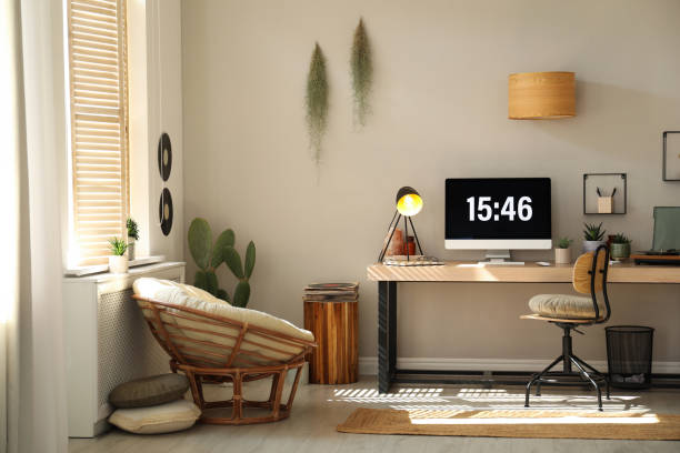 istock Room interior with comfortable workplace. Modern computer on wooden desk 1320911780