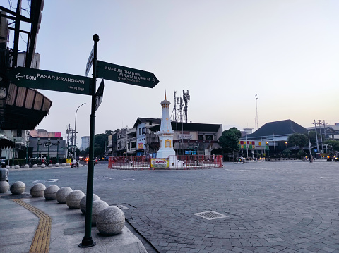 Yogyakarta, Indonesia - May 28 2021: Tugu Jogja, or Tugu Pal is Yogyakarta's Iconic Landmark Monument.