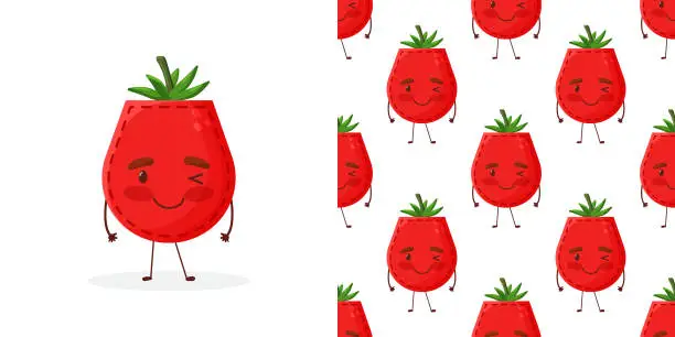 Vector illustration of Seamless pattern tomato shaped patch pocket. Character pocket tomato. Cartoon style. Design element. Template for your shirts, books, stickers, cards, posters. Vector illustration