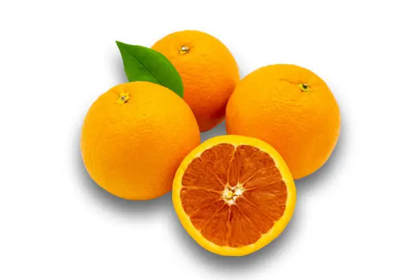 Photo of Fresh, delicious, round orange shot on a white background.
