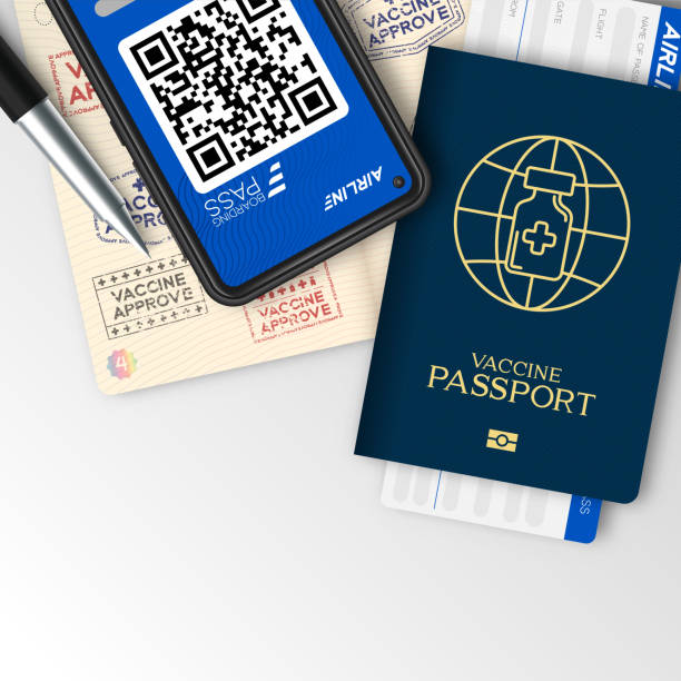 istock Vaccine passport covid-19 with logo bottle, syringe, global network, Smartphone with E Boarding pass, First class, Vaccination Campaign travel bubble concept design top view illustration isolated 1320915762